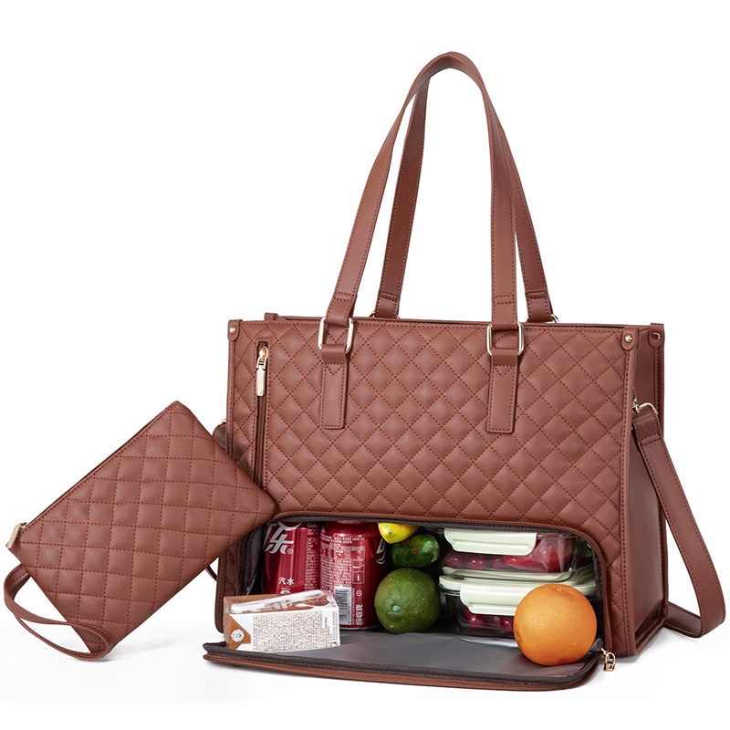 Women's Insulated Lunch Bag Tote with Quilted Faux Leather and Matching Wristlet Purse