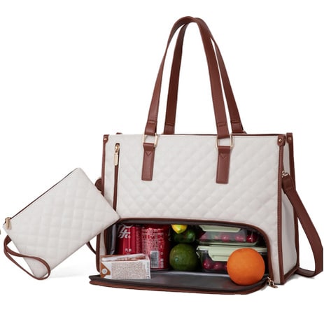 Women's Insulated Lunch Bag Tote with Quilted Faux Leather and Matching Wristlet Purse