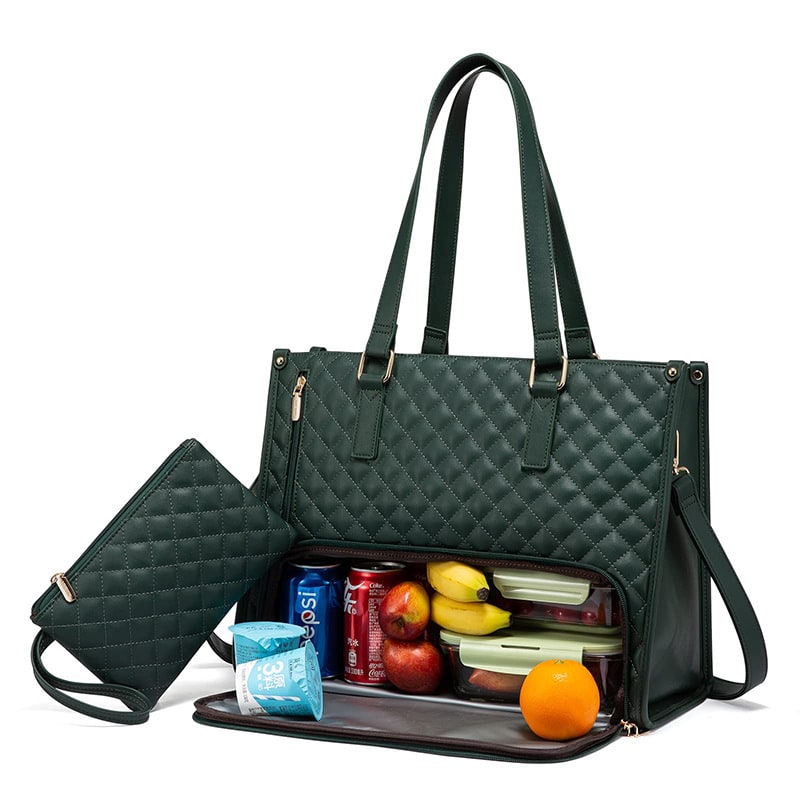 Women's Insulated Lunch Bag Tote with Quilted Faux Leather and Matching Wristlet Purse