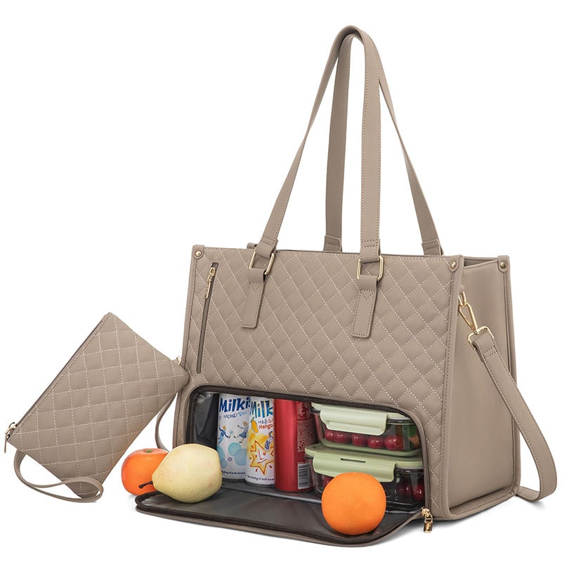 Women's Insulated Lunch Bag Tote with Quilted Faux Leather and Matching Wristlet Purse