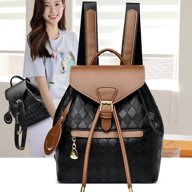 Women's Mini Backpack Rucksack Drawstring Closure and Diamond Quilted Faux Leather