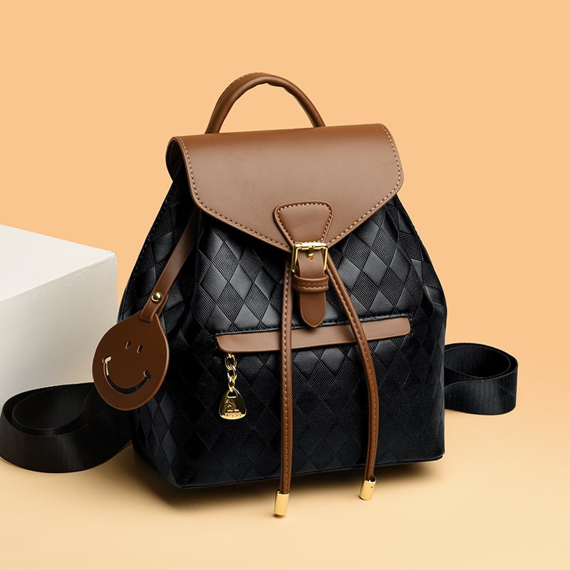 Women's Mini Backpack Rucksack Drawstring Closure and Diamond Quilted Faux Leather