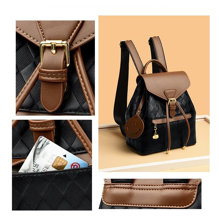 Women's Mini Backpack Rucksack Drawstring Closure and Diamond Quilted Faux Leather