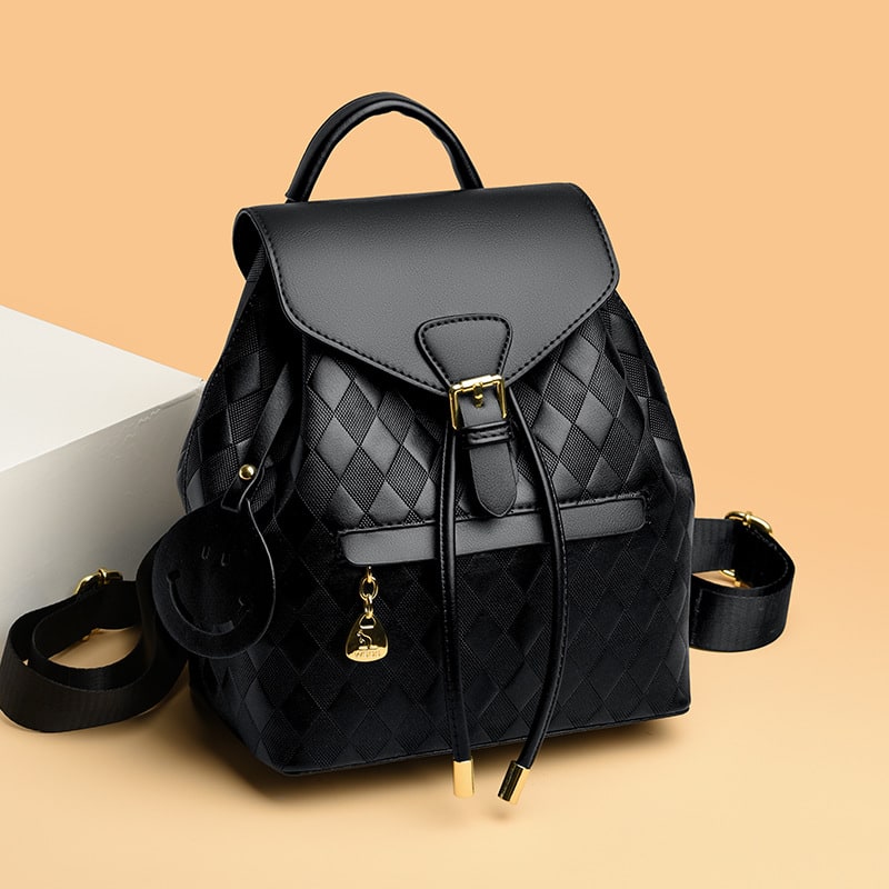 Women's Mini Backpack Rucksack Drawstring Closure and Diamond Quilted Faux Leather