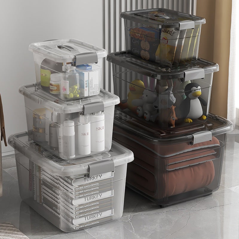 Women's Plastic Storage Bin with Latching Lid Stackable Design and Carrying Handle Totes