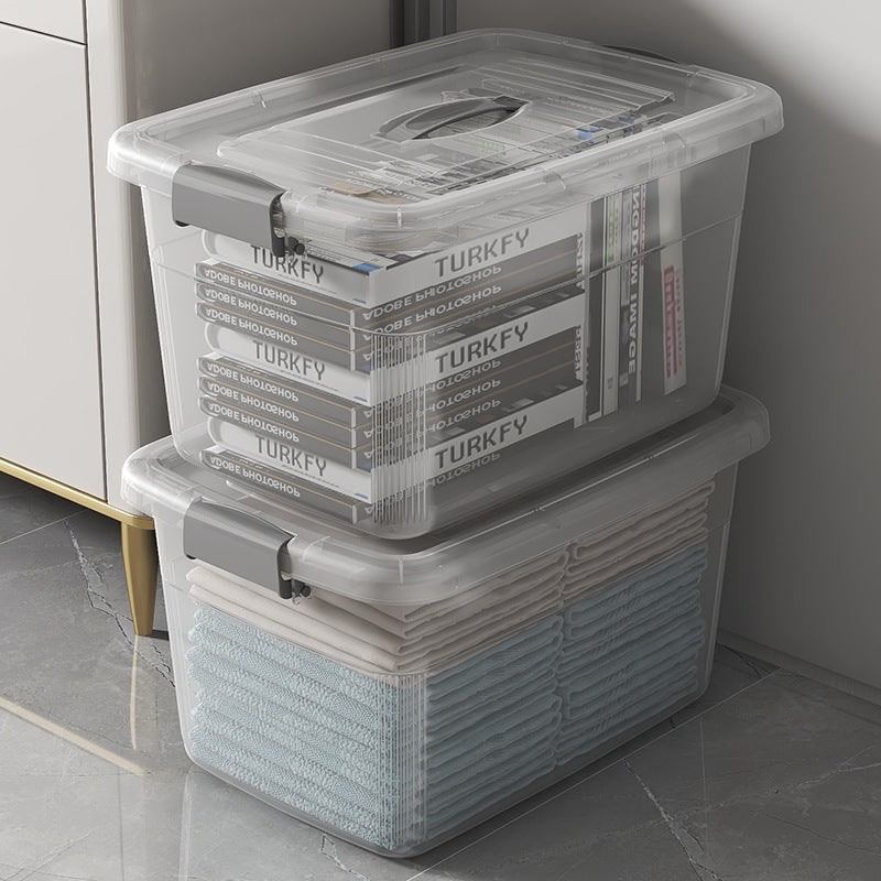 Women's Plastic Storage Bin with Latching Lid Stackable Design and Carrying Handle Totes
