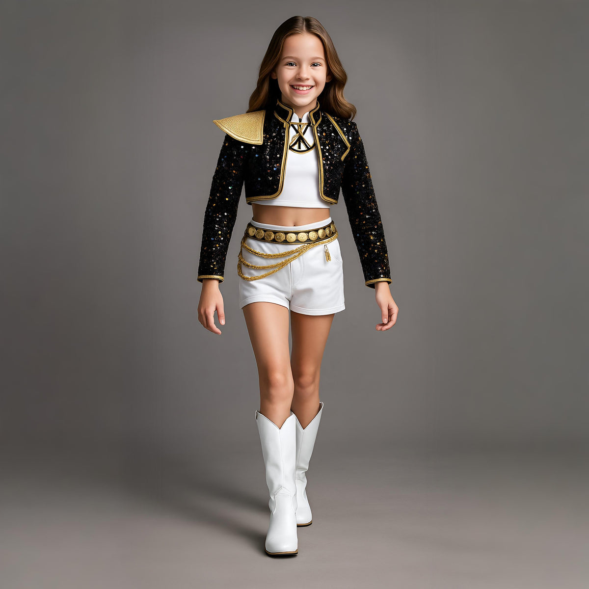 Women's Sequin Belly Dancer Dance Costume with Glittering Crop Jacket Shorts and Gold Chain Belt