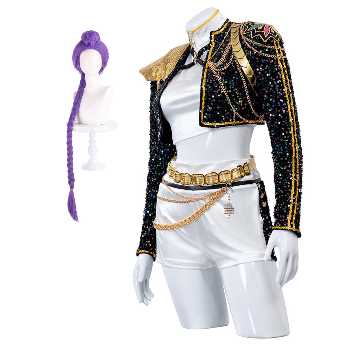 Women's Sequin Belly Dancer Dance Costume with Glittering Crop Jacket Shorts and Gold Chain Belt