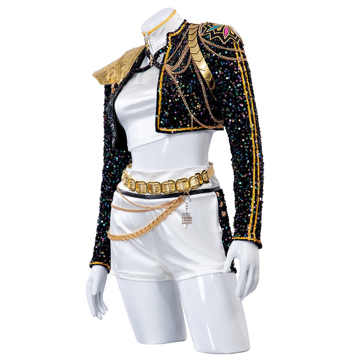 Women's Sequin Belly Dancer Dance Costume with Glittering Crop Jacket Shorts and Gold Chain Belt