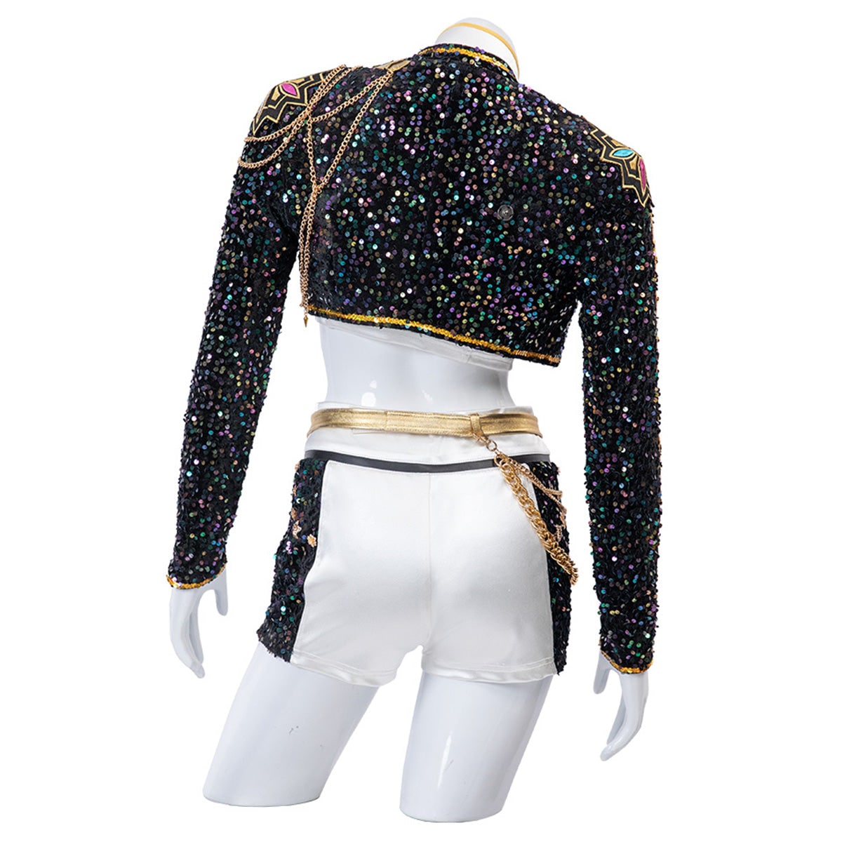 Women's Sequin Belly Dancer Dance Costume with Glittering Crop Jacket Shorts and Gold Chain Belt