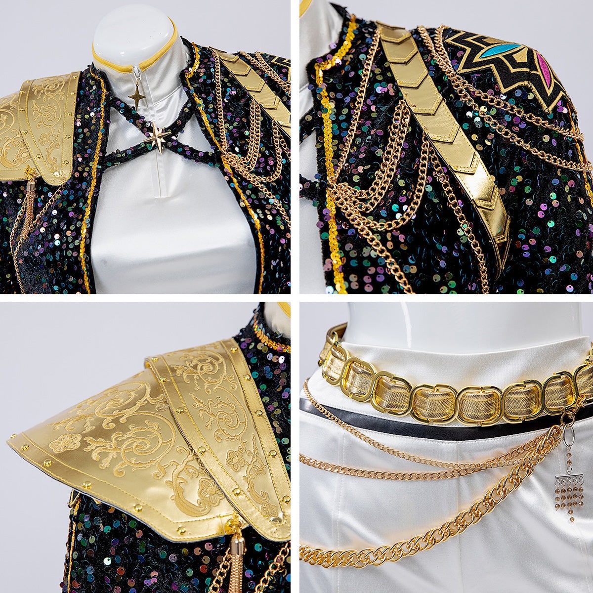 Women's Sequin Belly Dancer Dance Costume with Glittering Crop Jacket Shorts and Gold Chain Belt