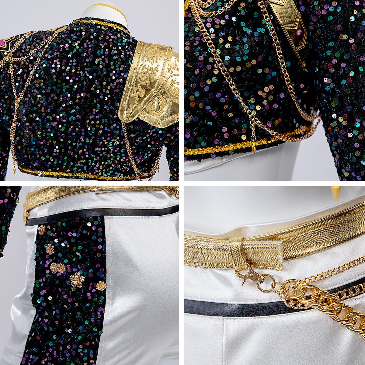 Women's Sequin Belly Dancer Dance Costume with Glittering Crop Jacket Shorts and Gold Chain Belt