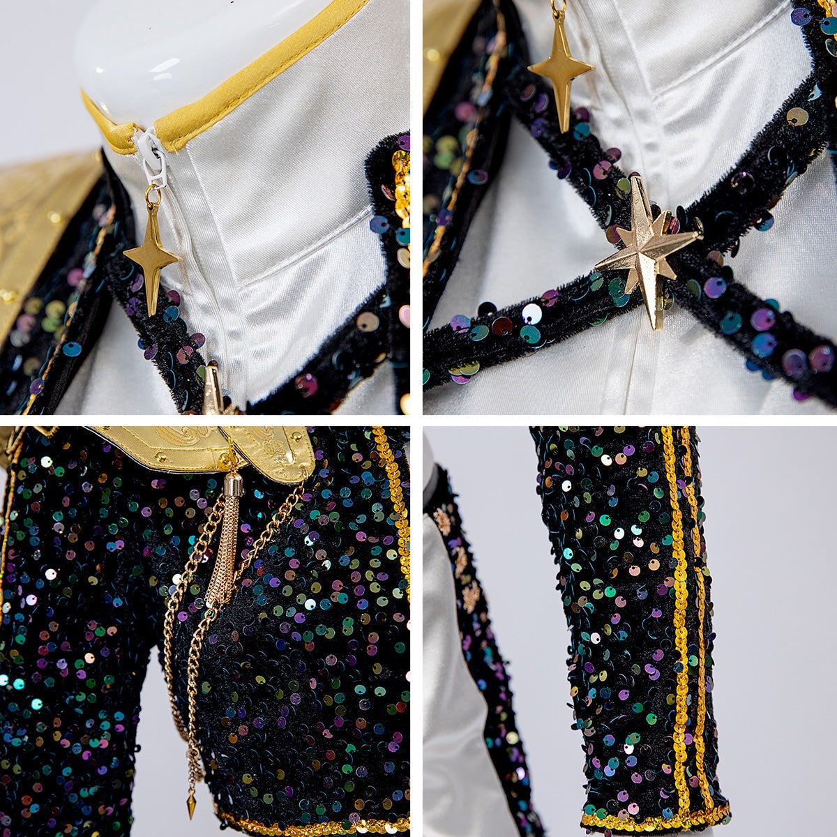 Women's Sequin Belly Dancer Dance Costume with Glittering Crop Jacket Shorts and Gold Chain Belt