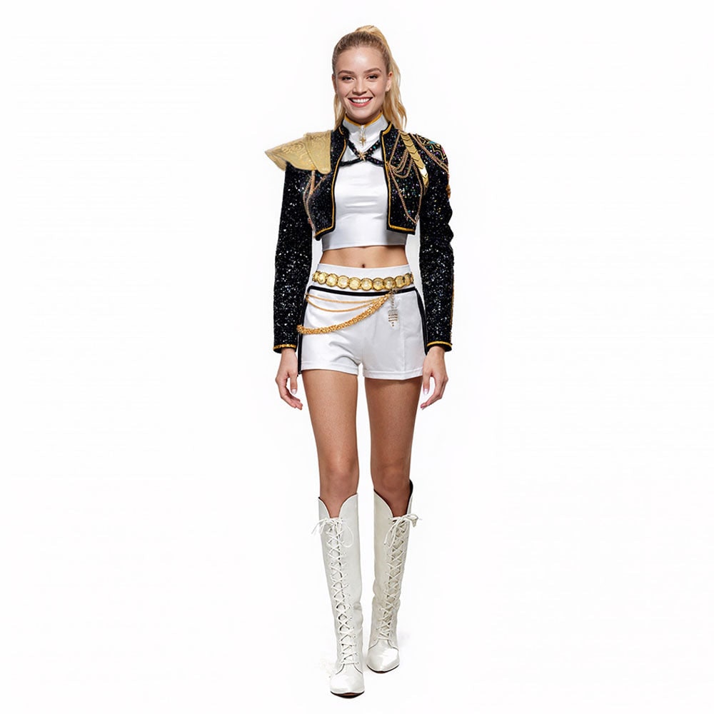 Women's Sequin Belly Dancer Dance Costume with Glittering Crop Jacket Shorts and Gold Chain Belt