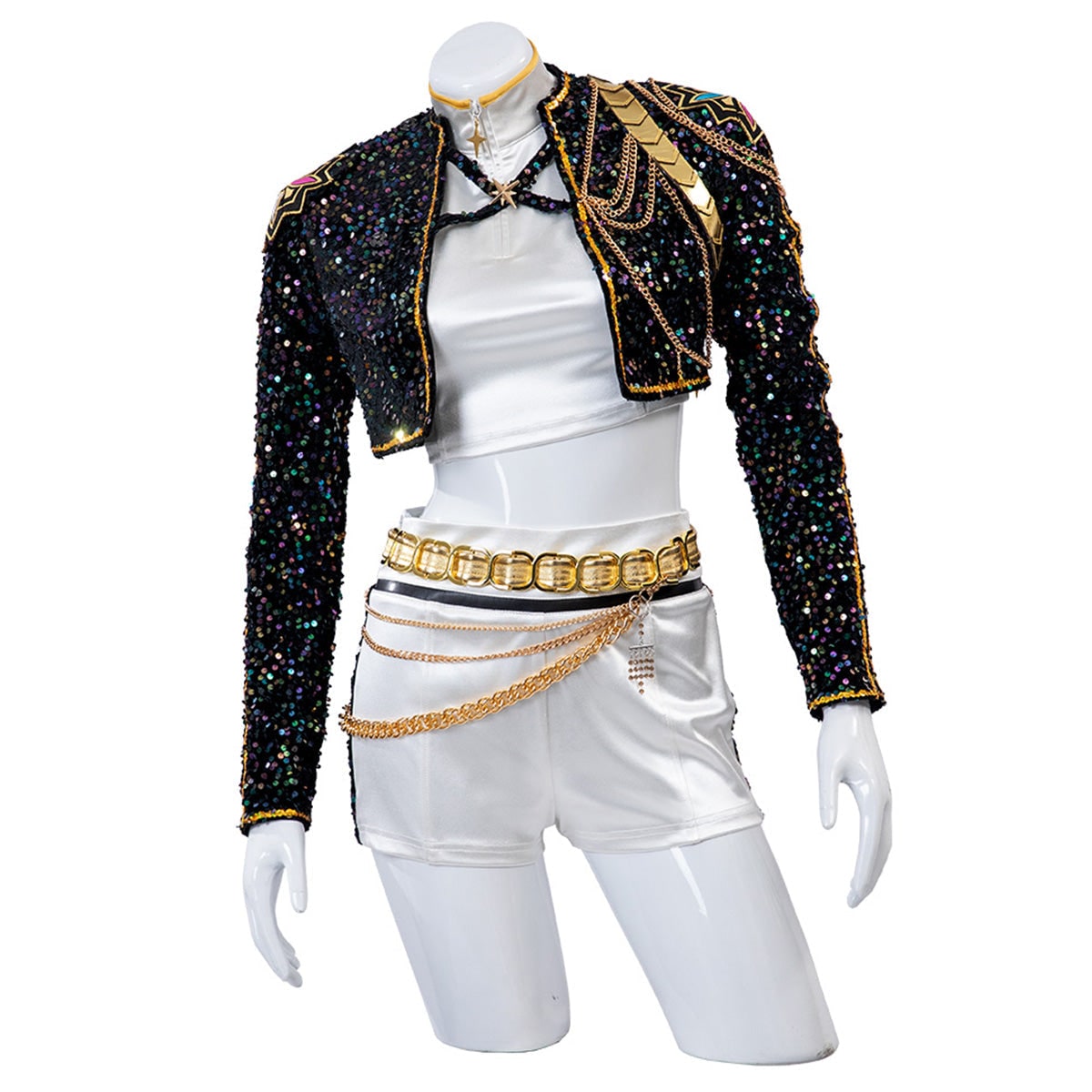 Women's Sequin Belly Dancer Dance Costume with Glittering Crop Jacket Shorts and Gold Chain Belt