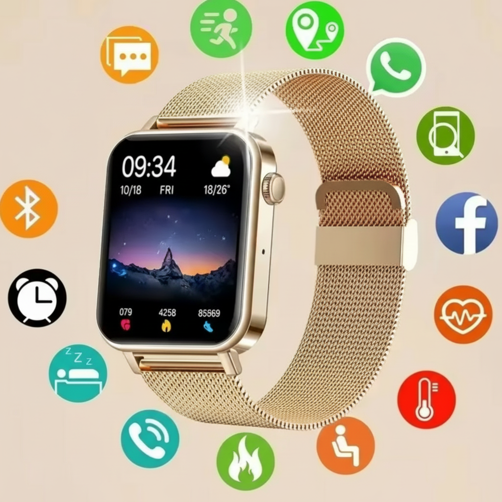 Women's Smartwatch with Fitness Tracking Mesh Metal Band and Touch Screen Display Gps