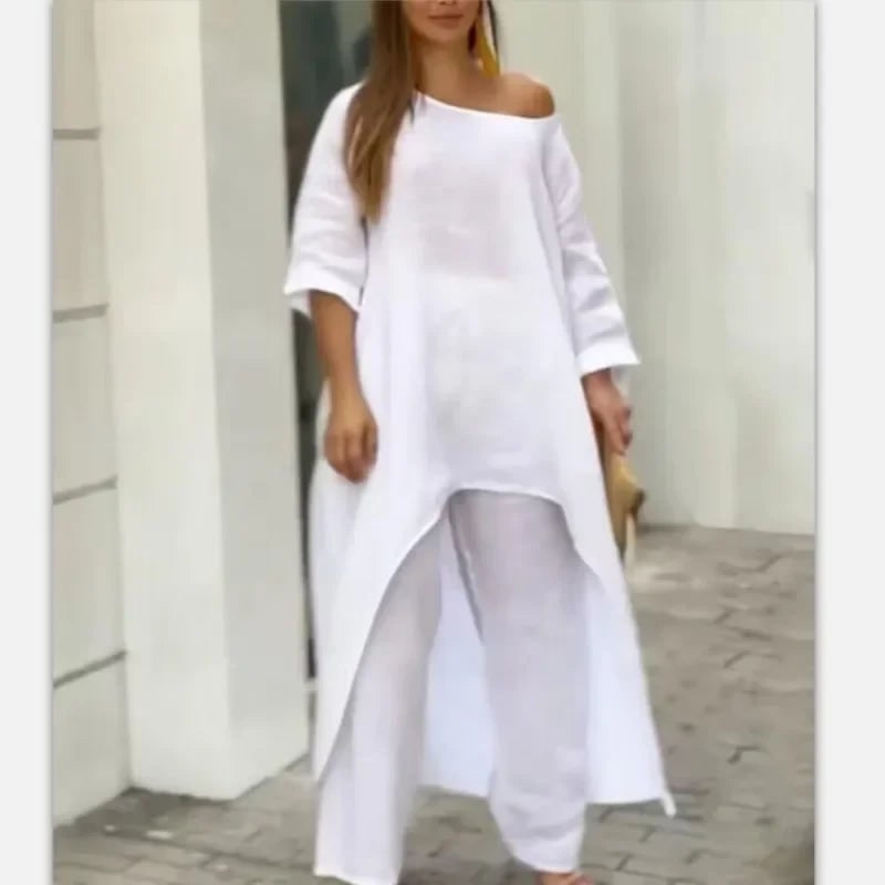 Women's Two Piece Set Pants Linen Wide Leg Tunic Asymmetrical