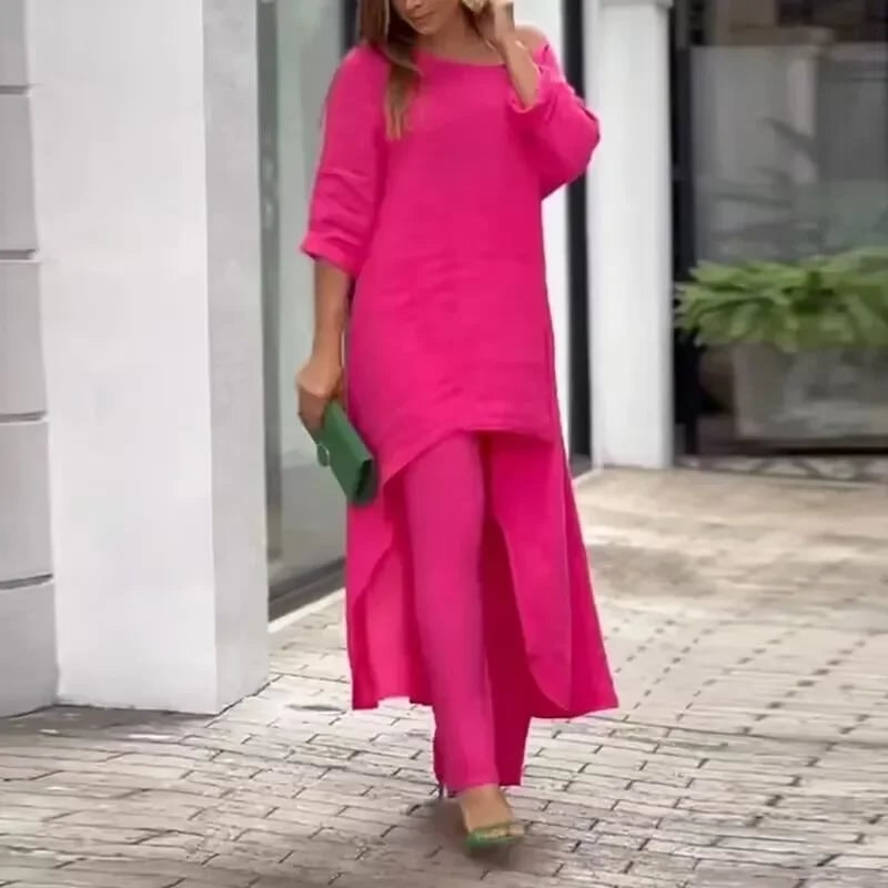 Women's Two Piece Set Pants Linen Wide Leg Tunic Asymmetrical