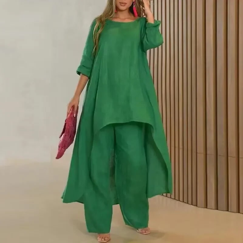 Women's Two Piece Set Pants Linen Wide Leg Tunic Asymmetrical