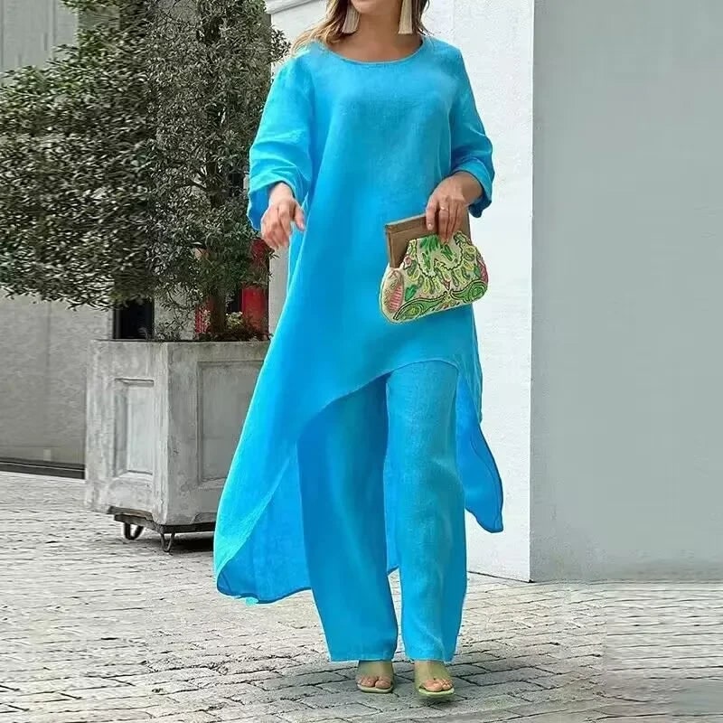 Women's Two Piece Set Pants Linen Wide Leg Tunic Asymmetrical