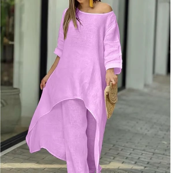 Women's Two Piece Set Pants Linen Wide Leg Tunic Asymmetrical