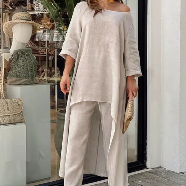 Women's Two Piece Set Pants Linen Wide Leg Tunic Asymmetrical