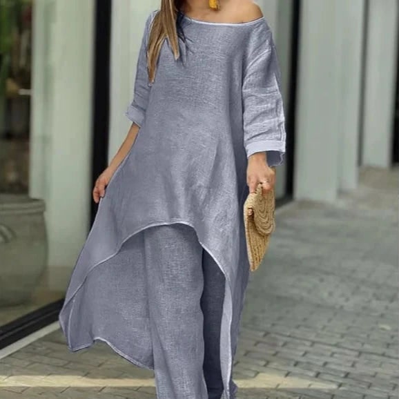 Women's Two Piece Set Pants Linen Wide Leg Tunic Asymmetrical