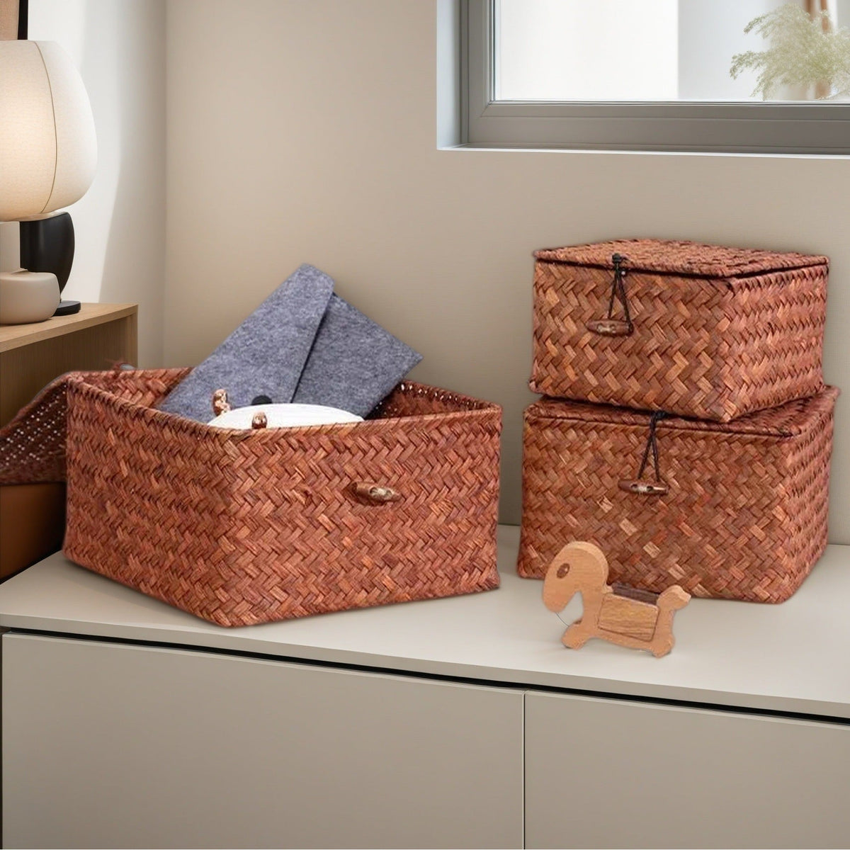 Women's Woven Storage Basket with Rattan Lidded Design and Seagrass Toggle Closure Laundry Hamper