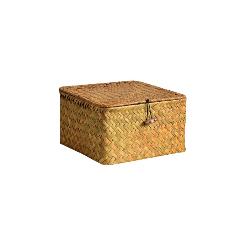 Women's Woven Storage Basket with Rattan Lidded Design and Seagrass Toggle Closure Laundry Hamper