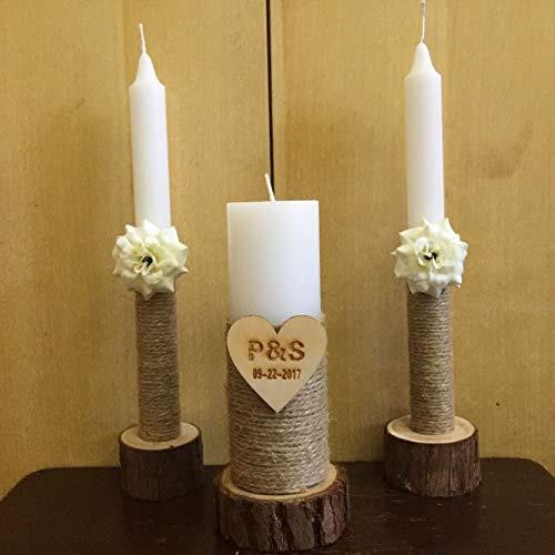 Wooden Candle Holders and Stand Set of 3 with Rustic Wood Slice Design for Taper and Pillar