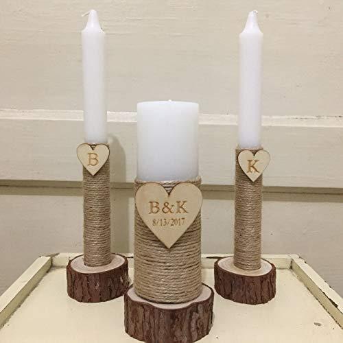 Wooden Candle Holders and Stand Set of 3 with Rustic Wood Slice Design for Taper and Pillar