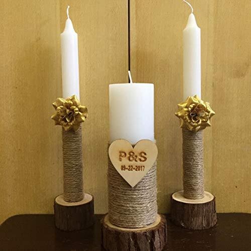 Wooden Candle Holders and Stand Set of 3 with Rustic Wood Slice Design for Taper and Pillar