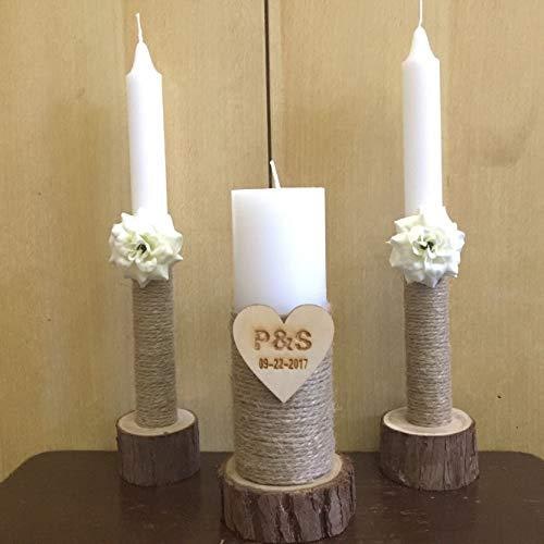 Wooden Candle Holders and Stand Set of 3 with Rustic Wood Slice Design for Taper and Pillar