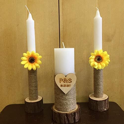 Wooden Candle Holders and Stand Set of 3 with Rustic Wood Slice Design for Taper and Pillar
