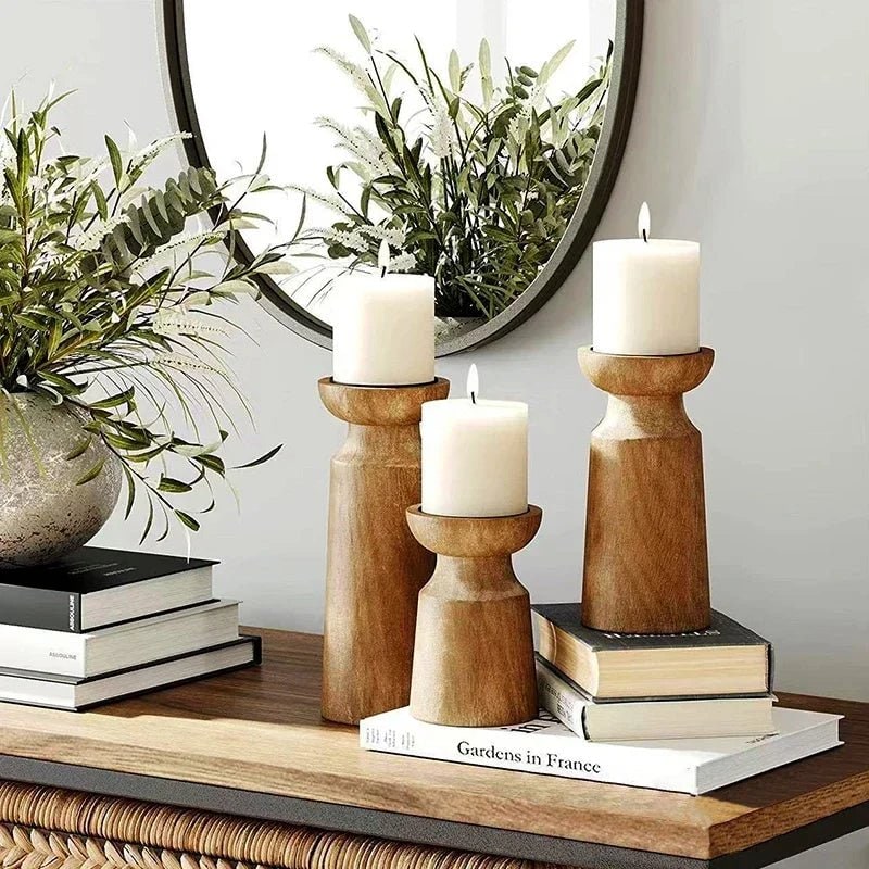 Wooden Candle Holders Set of 3 with Turned Wood Pillar Design and Graduated Heights