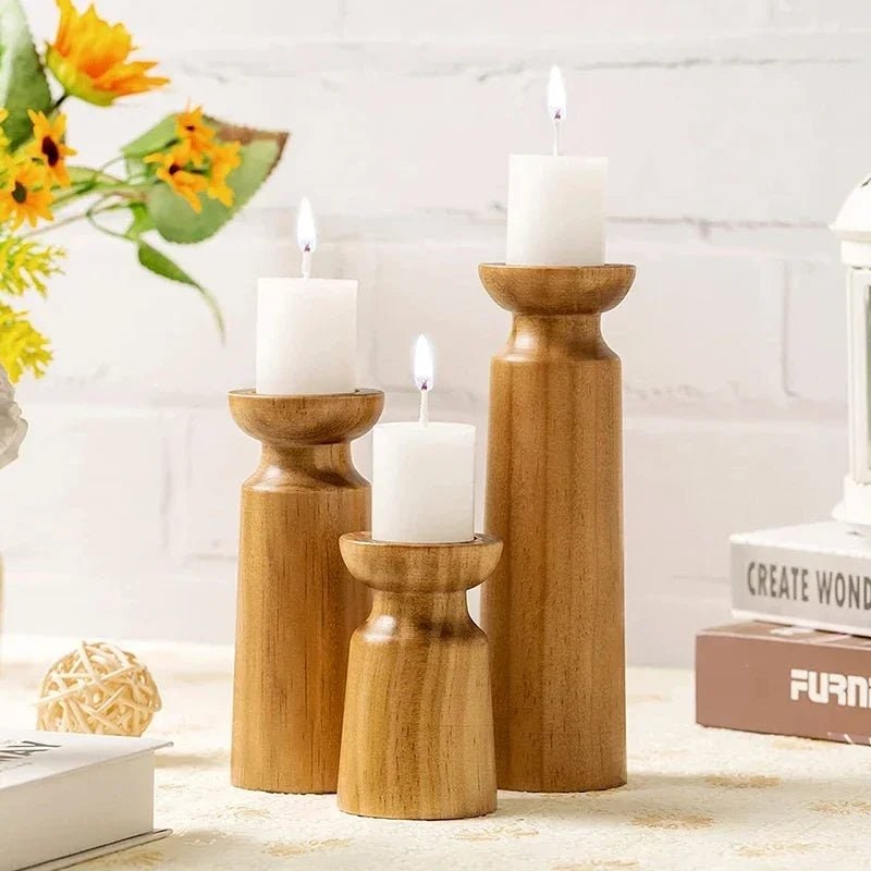 Wooden Candle Holders Set of 3 with Turned Wood Pillar Design and Graduated Heights