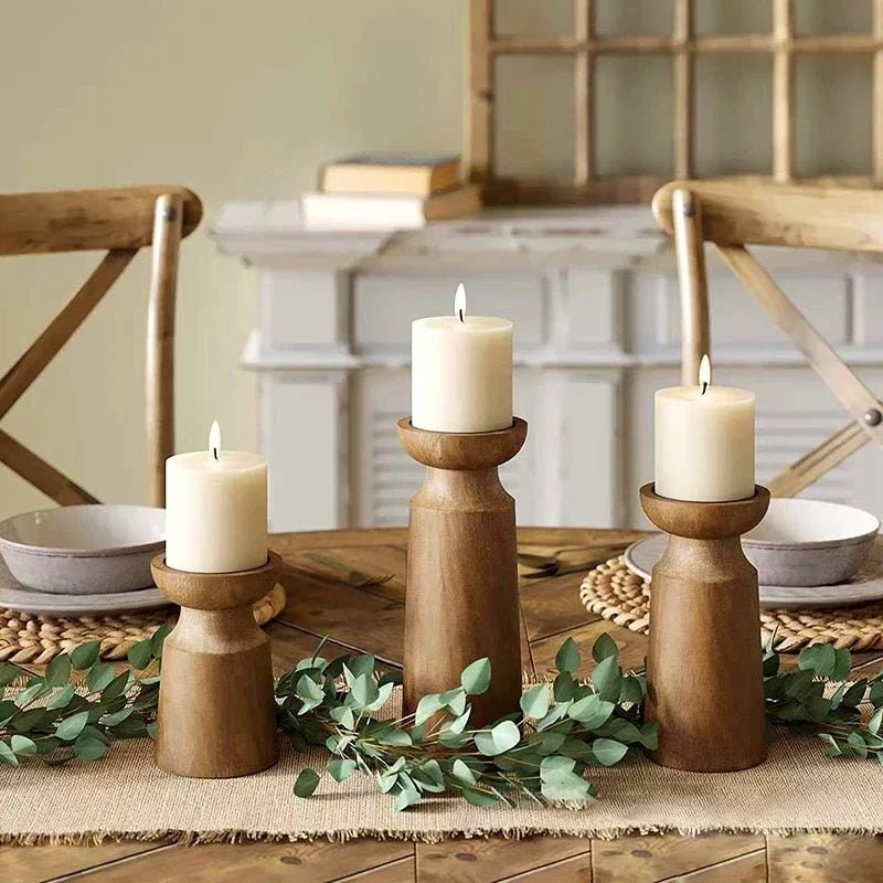 Wooden Candle Holders Set of 3 with Turned Wood Pillar Design and Graduated Heights