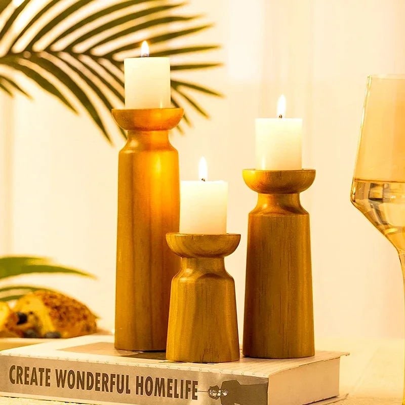 Wooden Candle Holders Set of 3 with Turned Wood Pillar Design and Graduated Heights