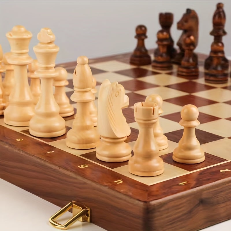 Wooden Chess Set with Folding Board Pieces and Interior Storage Slots Marble
