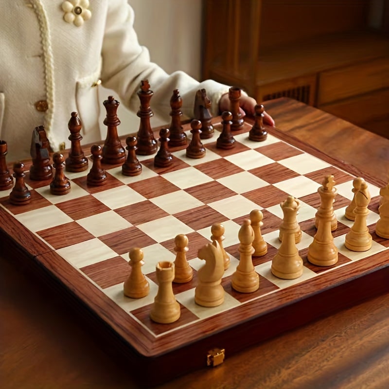 Wooden Chess Set with Folding Board Pieces and Interior Storage Slots Marble