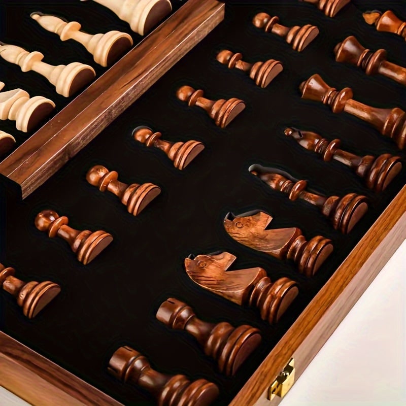 Wooden Chess Set with Folding Board Pieces and Interior Storage Slots Marble