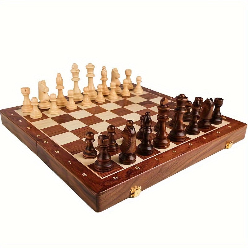 Wooden Chess Set with Folding Board Pieces and Interior Storage Slots Marble