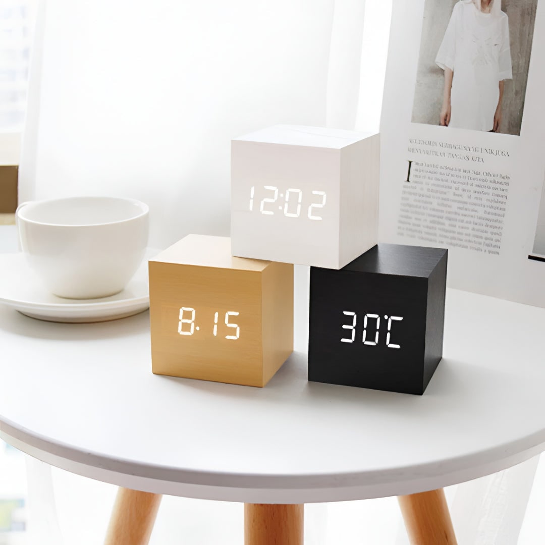 Wooden Grain Cube Digital LED Alarm Clock with Temperature Display