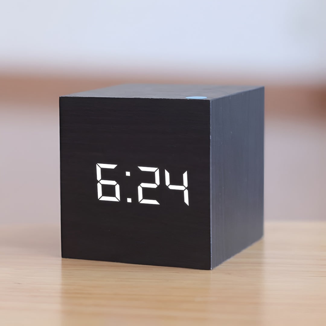 Wooden Grain Cube Digital LED Alarm Clock with Temperature Display