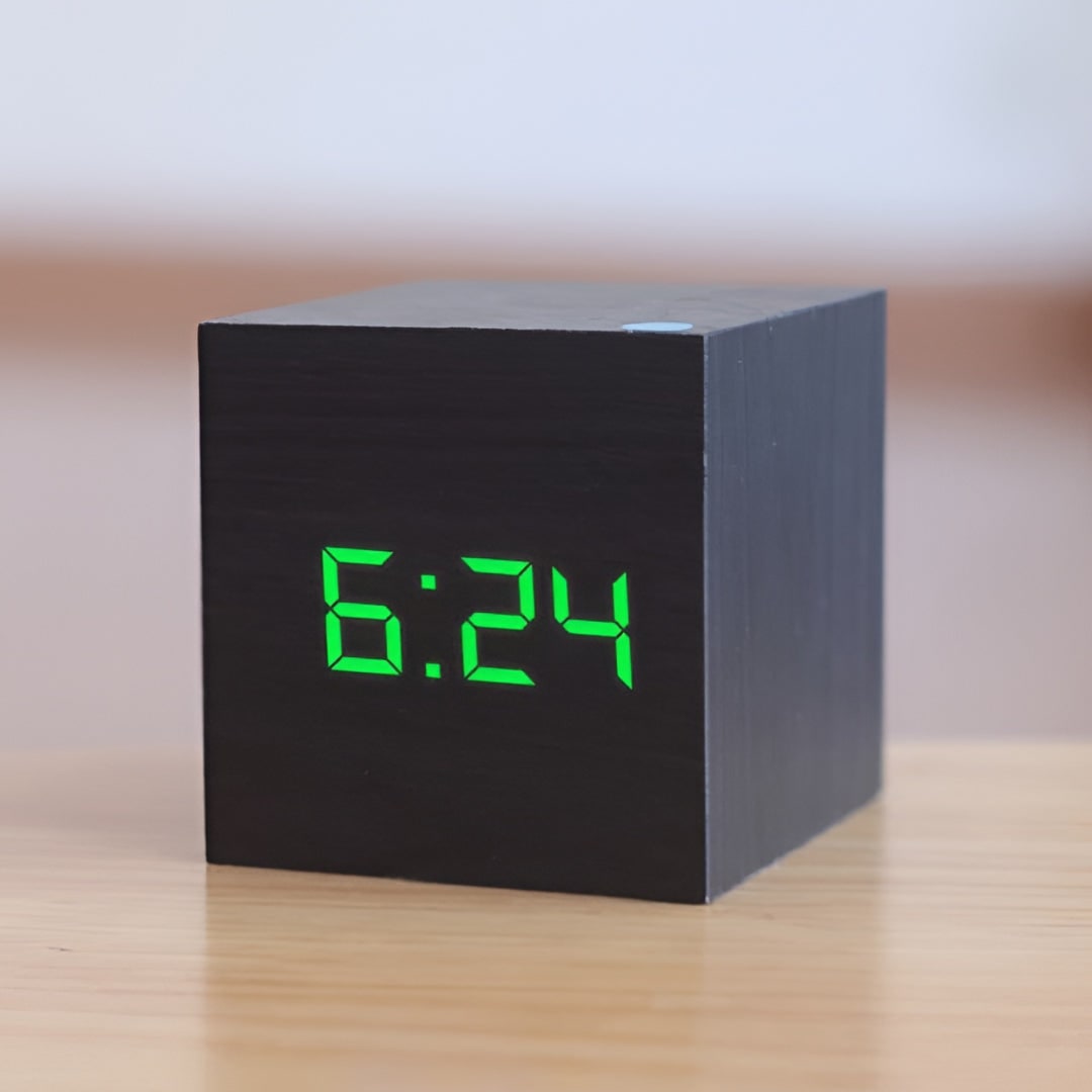 Wooden Grain Cube Digital LED Alarm Clock with Temperature Display
