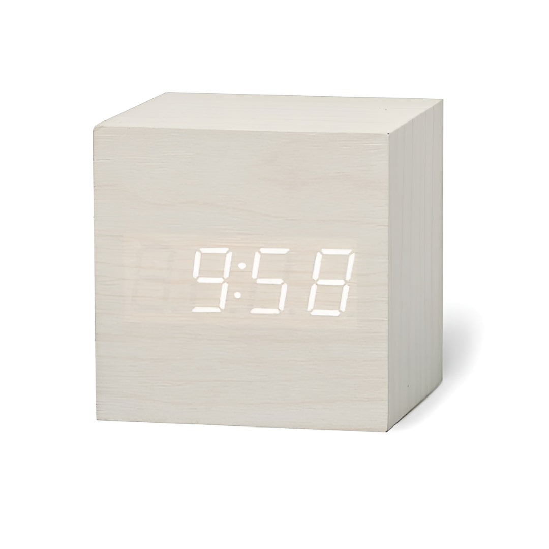 Wooden Grain Cube Digital LED Alarm Clock with Temperature Display