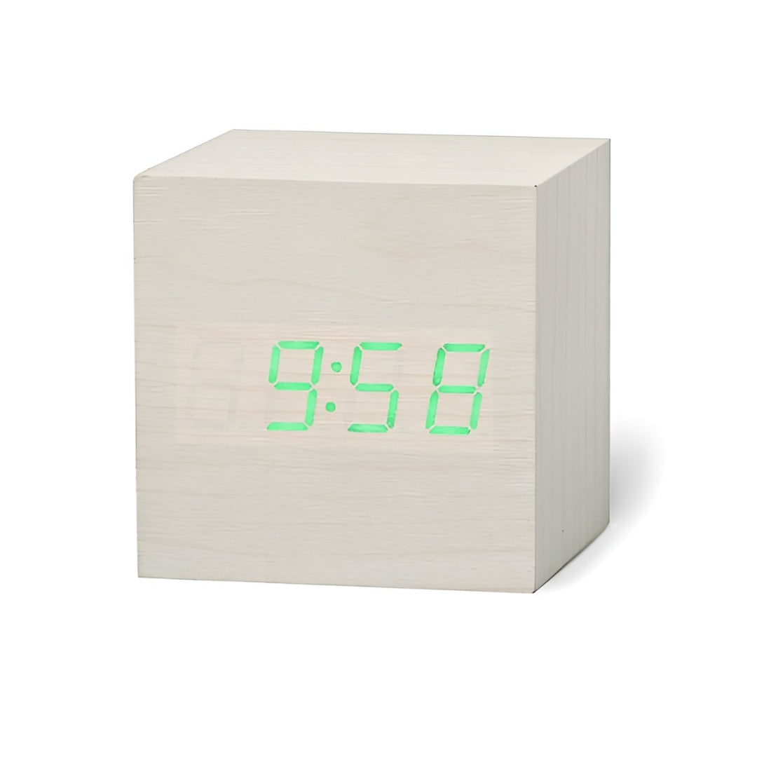 Wooden Grain Cube Digital LED Alarm Clock with Temperature Display
