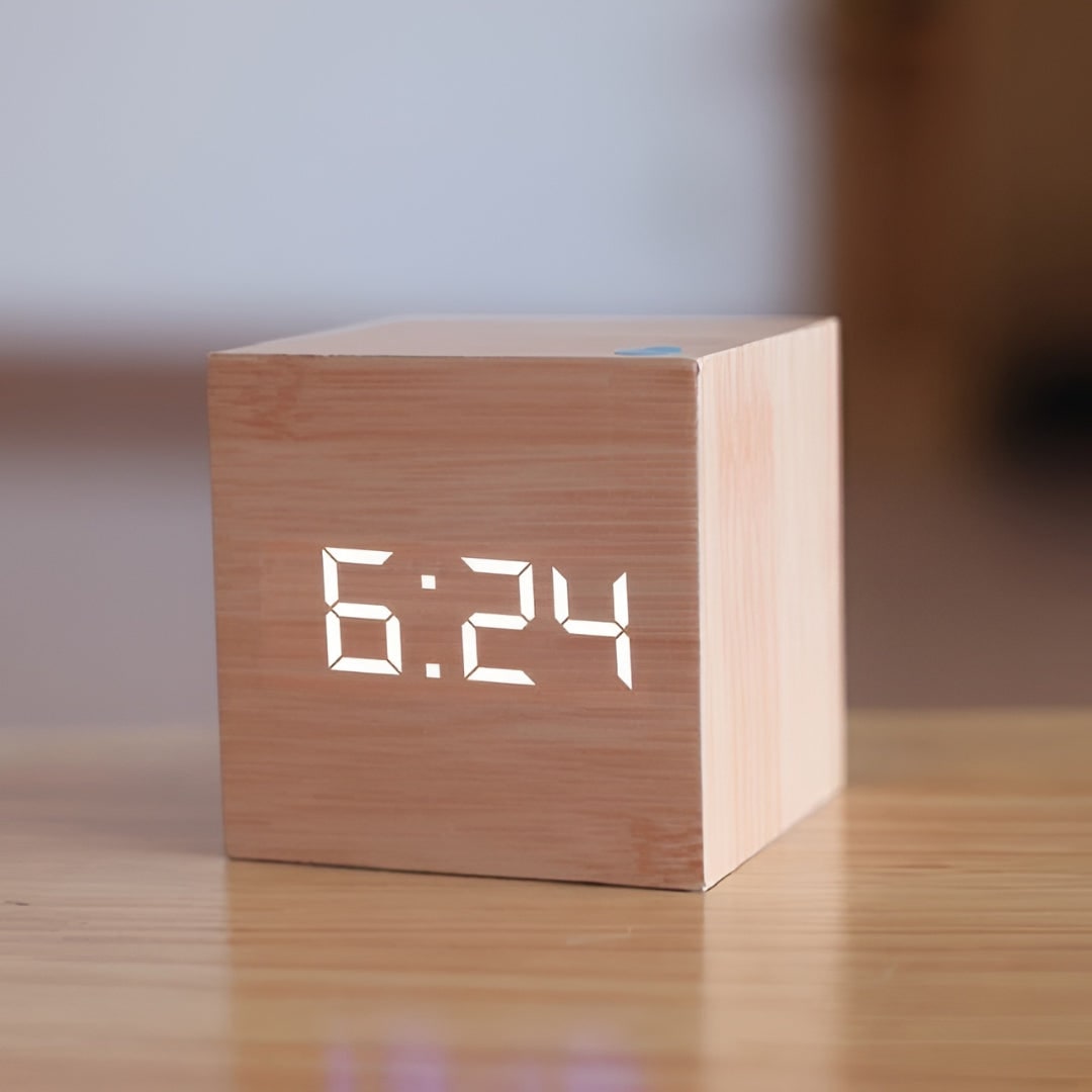 Wooden Grain Cube Digital LED Alarm Clock with Temperature Display