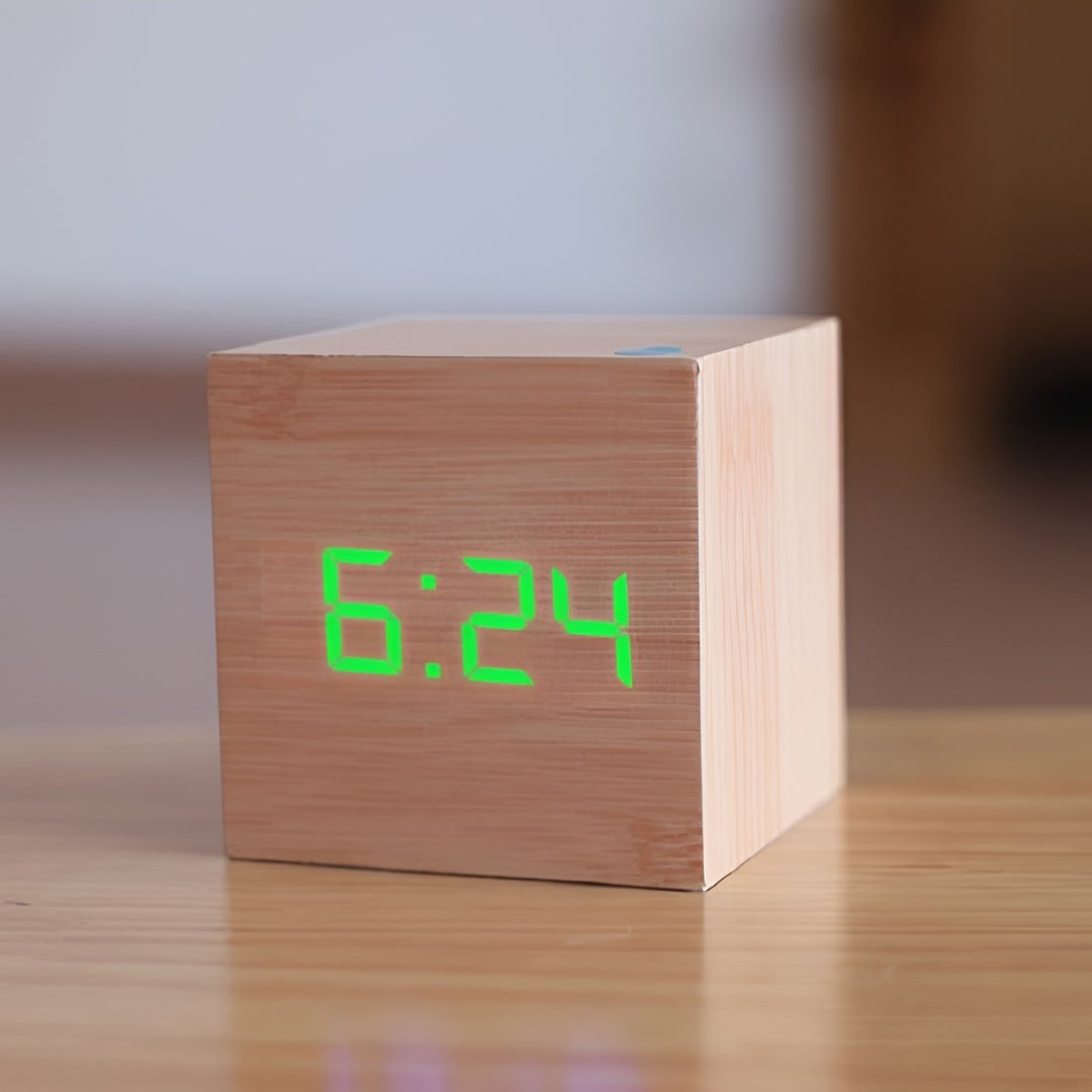 Wooden Grain Cube Digital LED Alarm Clock with Temperature Display