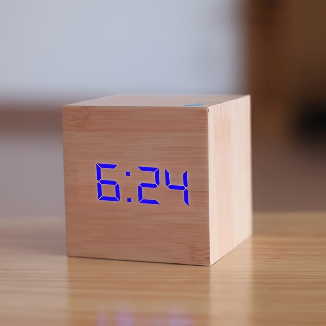 Wooden Grain Cube Digital LED Alarm Clock with Temperature Display